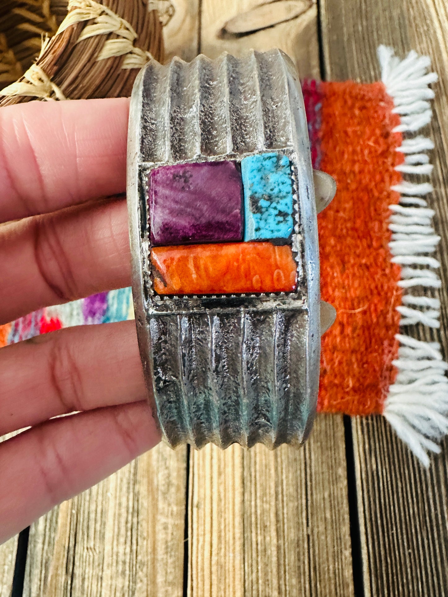 Handcrafted Old Pawn Turquoise, Spiny & Sterling Silver Inlay Cuff Bracelet by Raymond Betsoi