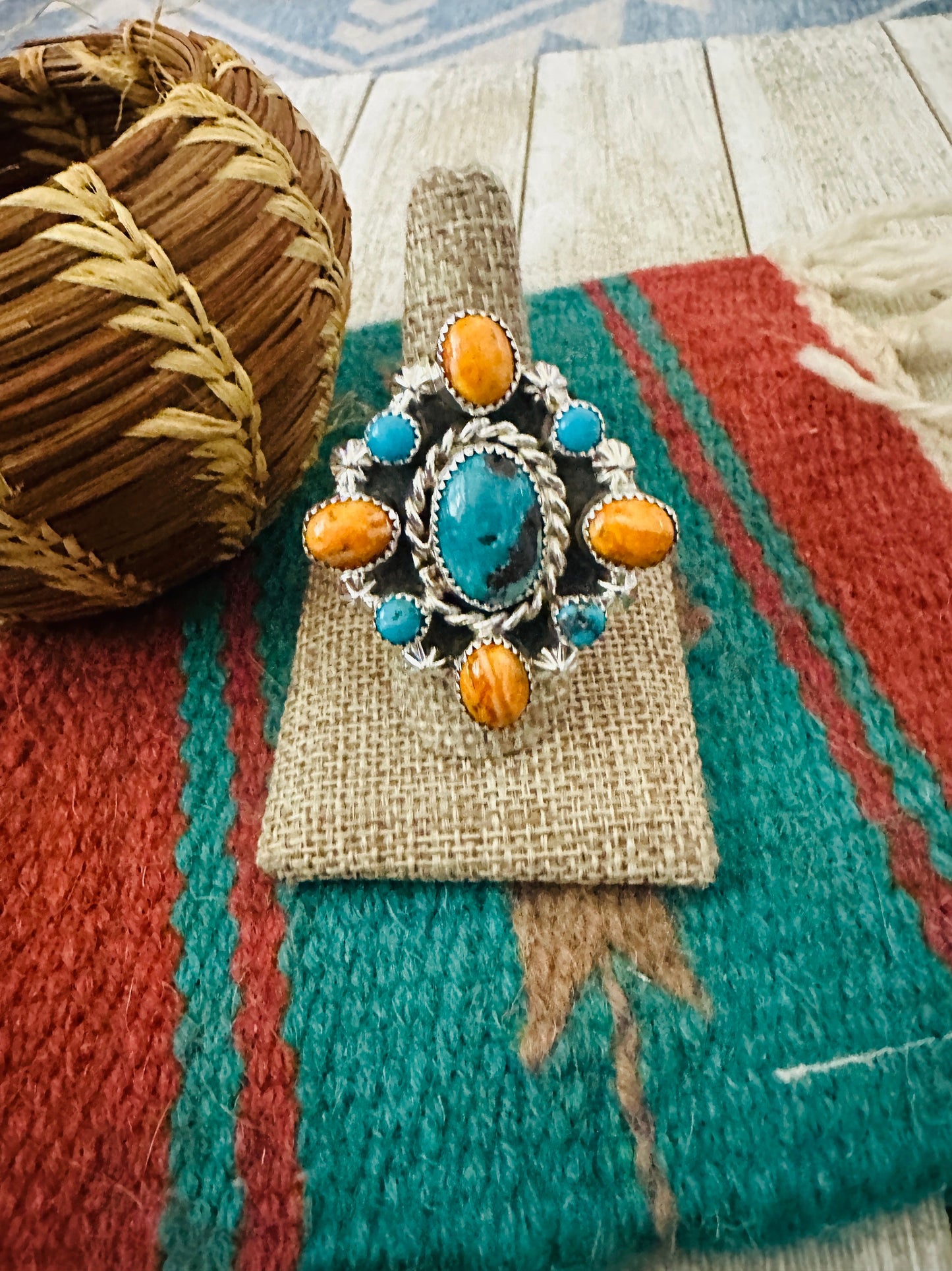 Handcrafted Turquoise, Spiny & Sterling Silver Cluster Ring size 9.5