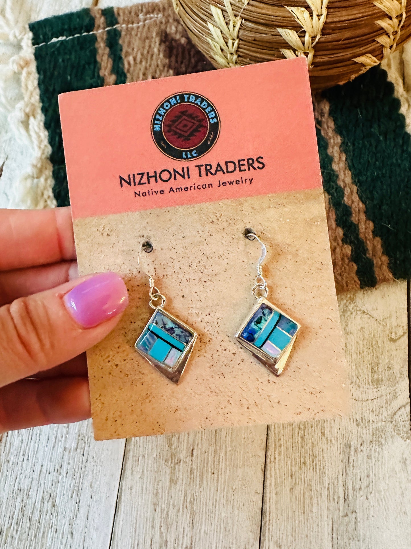 Handcrafted Sterling Silver & Multi Stone Inlay Dangle Earrings