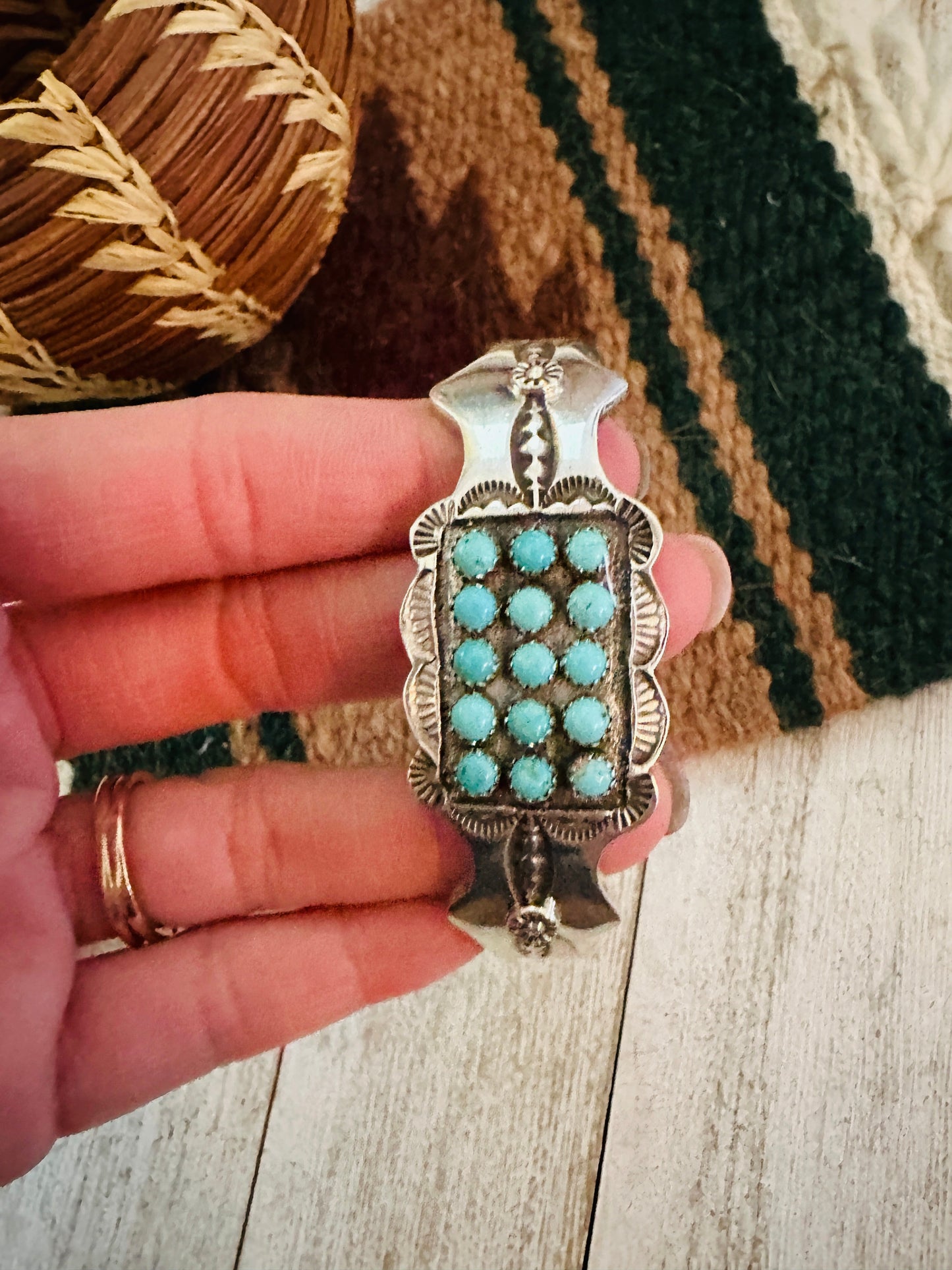 Turquoise & Sterling Silver 3 Row Cluster Cuff Bracelet /