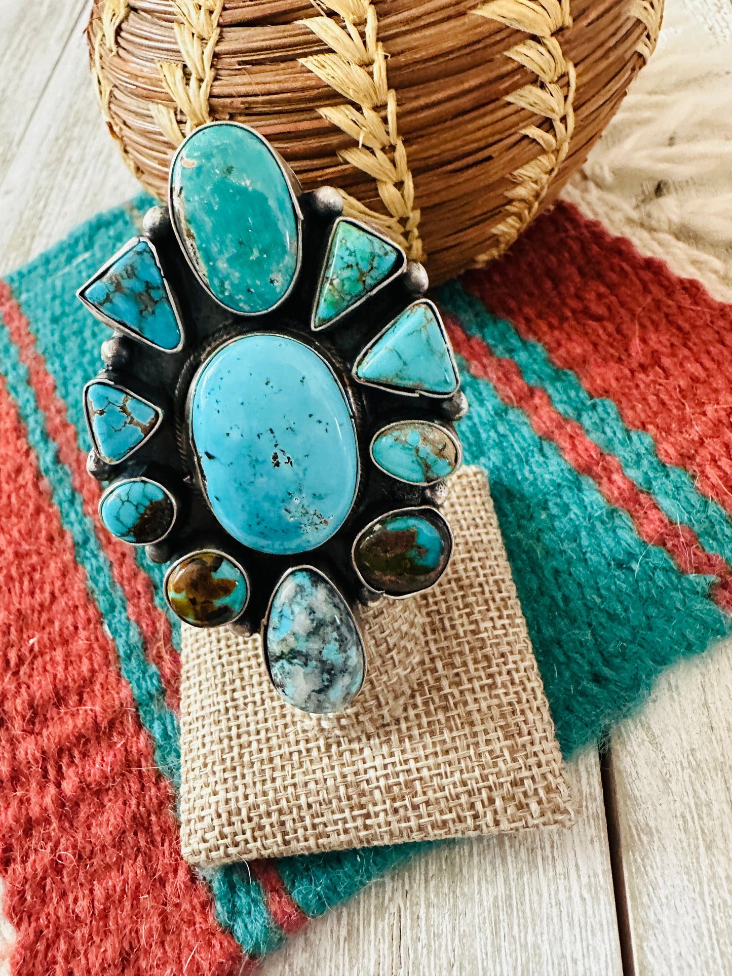 Handcrafted Turquoise & Sterling Silver Cluster Ring Size 8.5 by Ella Peter