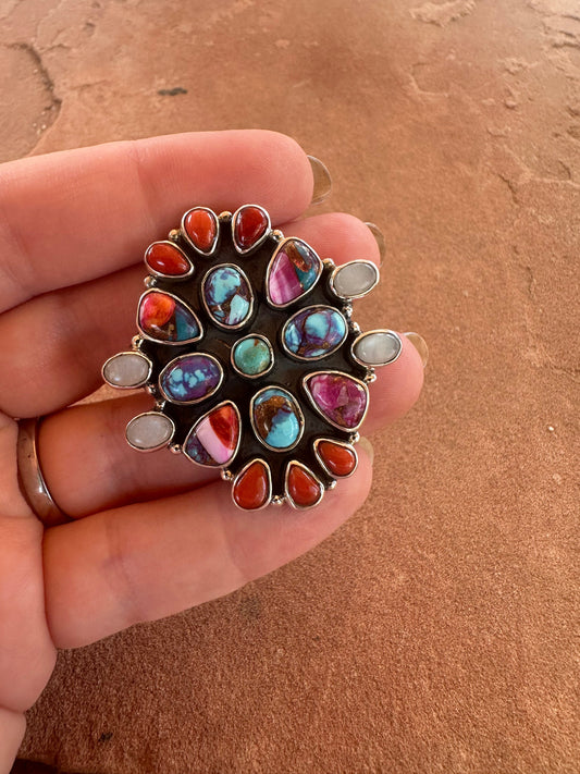 Beautiful Handmade Pink Dream Mojave, Coral, Mother of Pearl And Sterling Silver Adjustable Ring