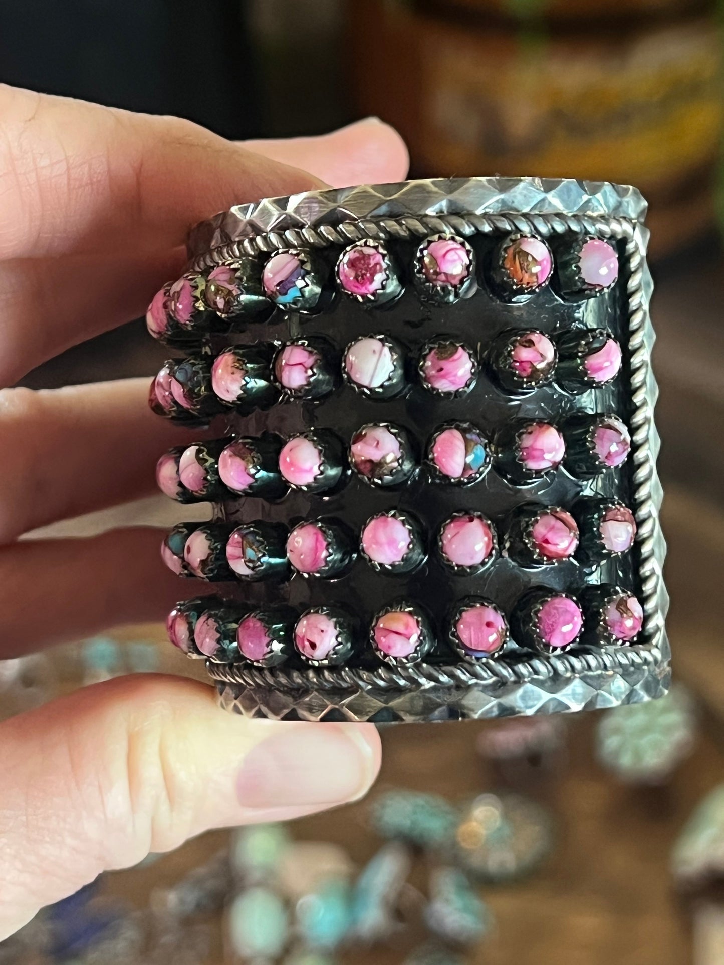 Handcrafted Sterling Silver and Pink Dream Mohave Snake Eye Style Five Row Cuff Bracelet, Signed BJ /