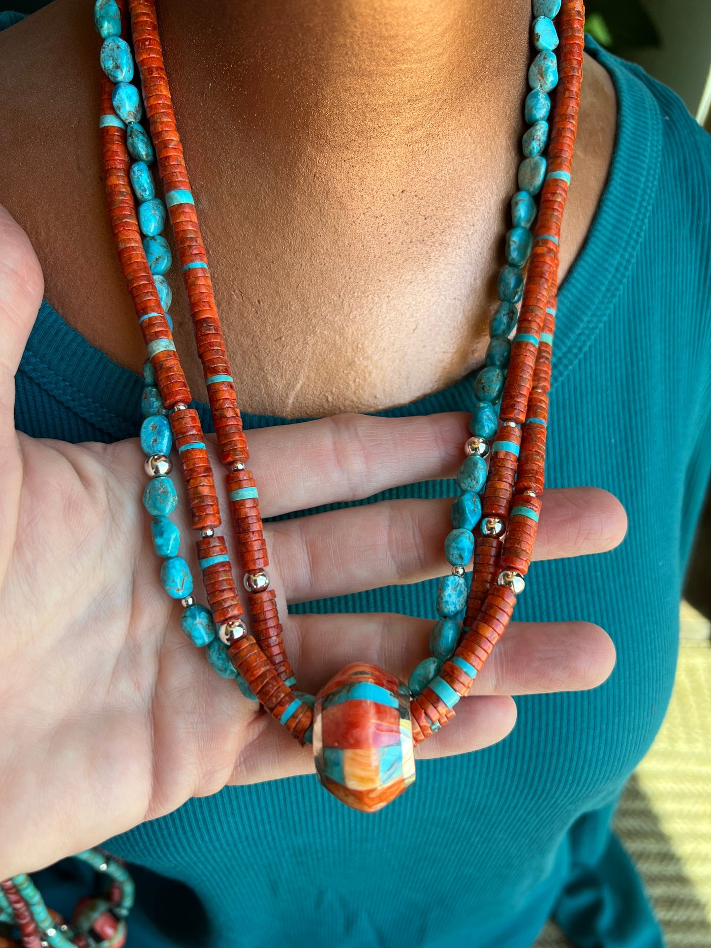 Daniel Coriz Triple Strand Apple Coral and Turquoise Beaded Necklace w/ Sterling Silver Removable Inlay Bead