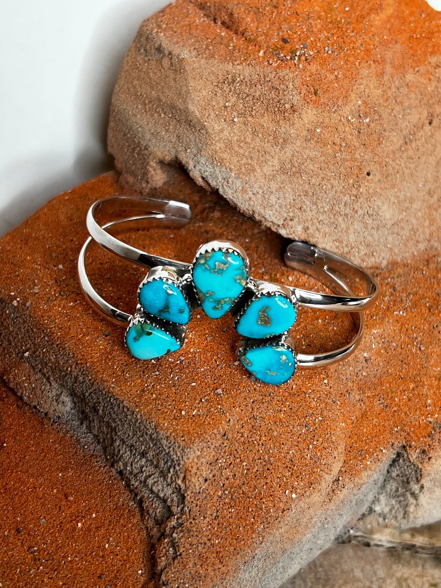 Handmade South Hill Turquoise Cluster & Sterling Silver Cuff Bracelet