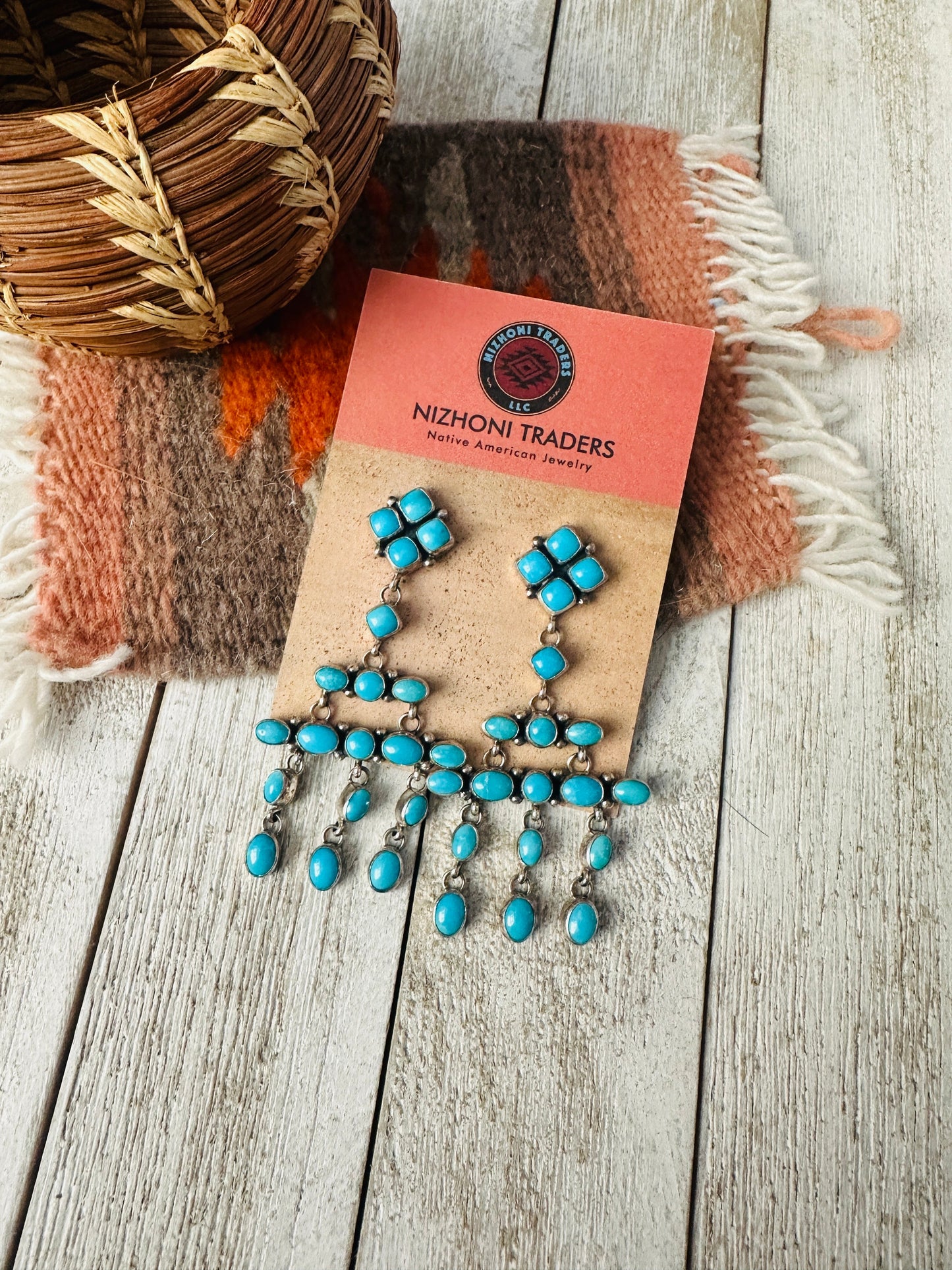 Handcrafted Sterling Silver & Turquoise Cluster Dangle Earrings