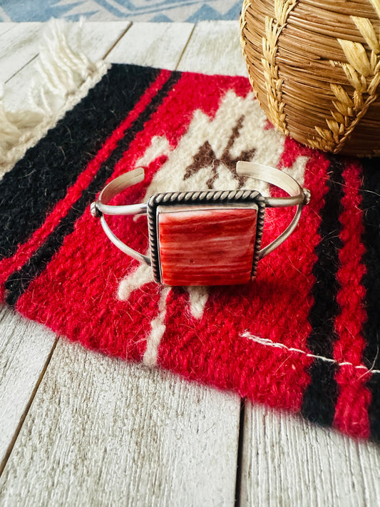 Handcrafted Orange Spiny & Sterling Silver Square Cuff Bracelet