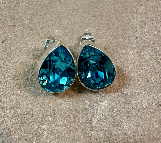 Aquamarine Blue Crystal Teardrop Sterling Silver Earrings