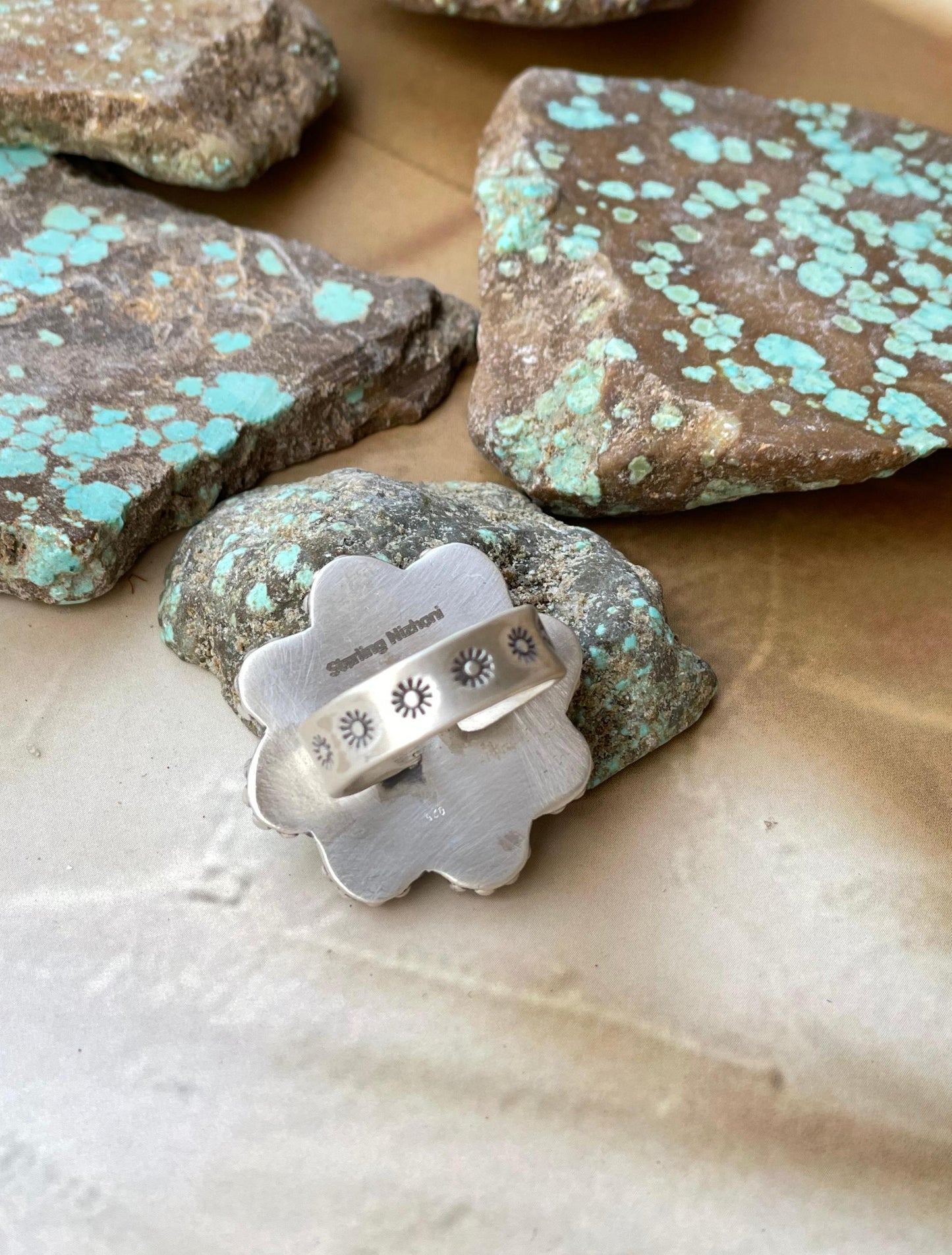 Handmade Turquoise & Sterling Adjustable Flower Ring