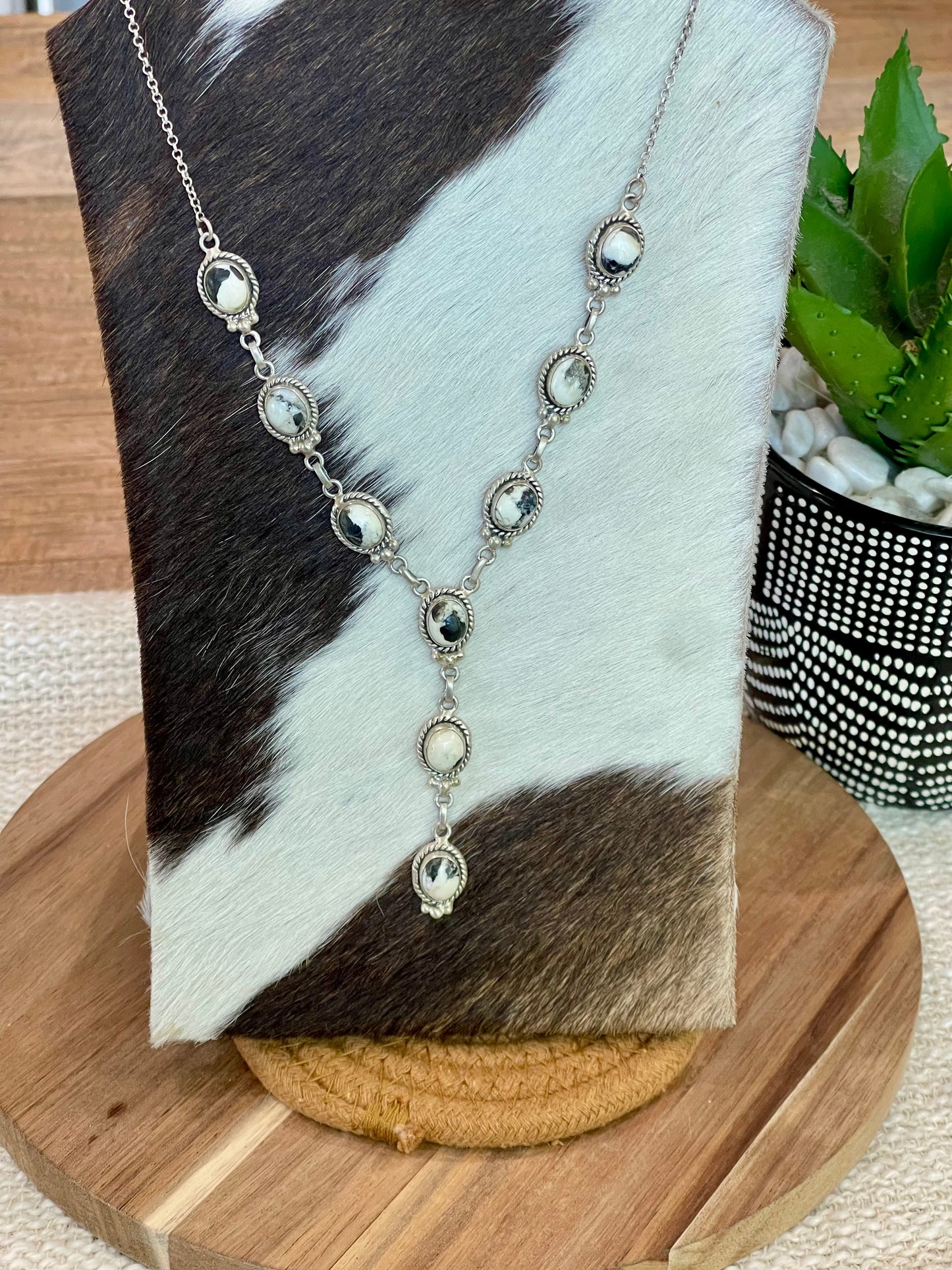 Gorgeous Handmade Sterling Silver & White Buffalo Lariat Necklace