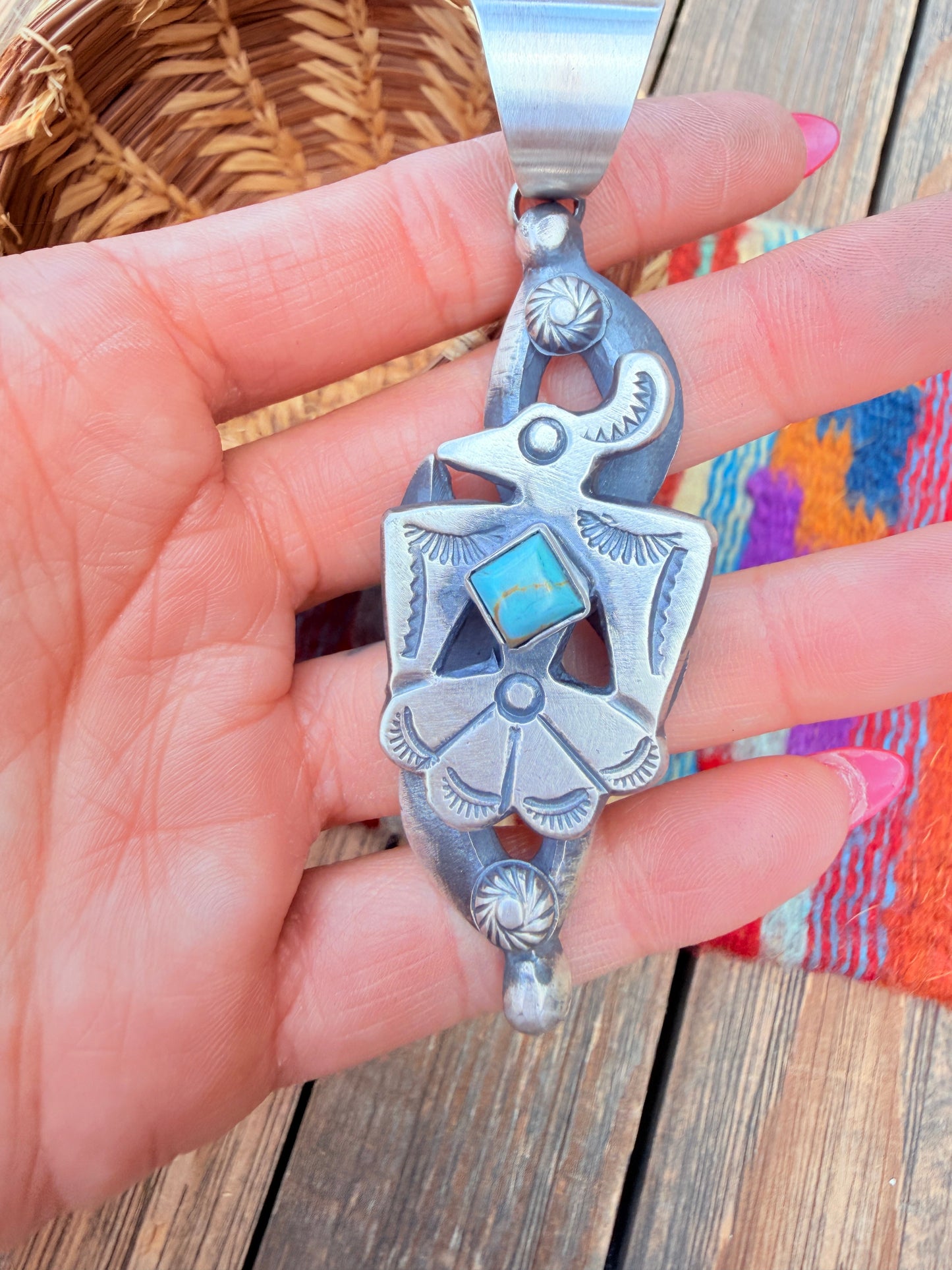 Handcrafted Sterling Silver & Turquoise Thunderbird Pendant by Chimney Butte