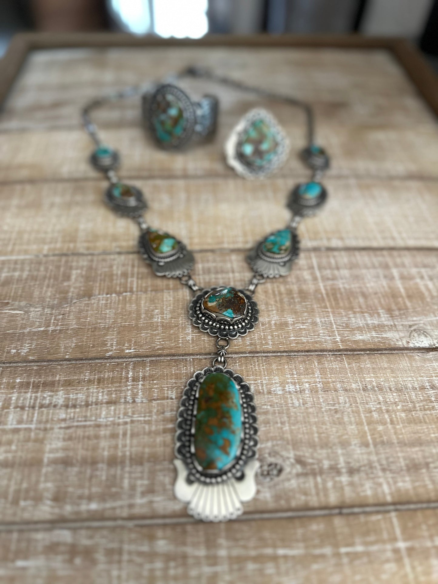 Charles Johnson Handcrafted Royston Turquoise & Sterling Silver Necklace, Bracelet and Ring Set Signed
