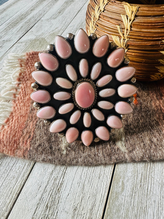 Handcrafted Queen Pink Conch Shell & Sterling Silver Cluster Cuff Bracelet