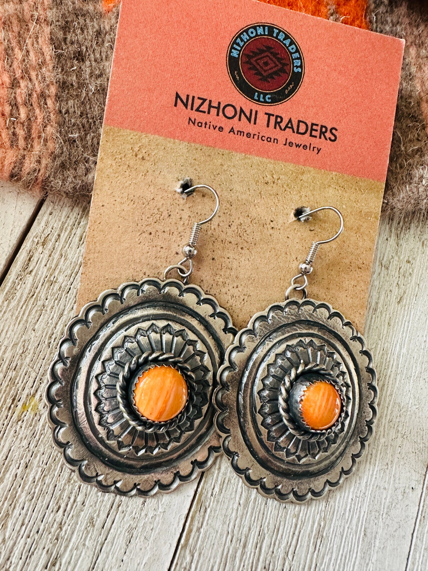 Handcrafted Orange Spiny and Sterling Silver Concho Dangle Earrings