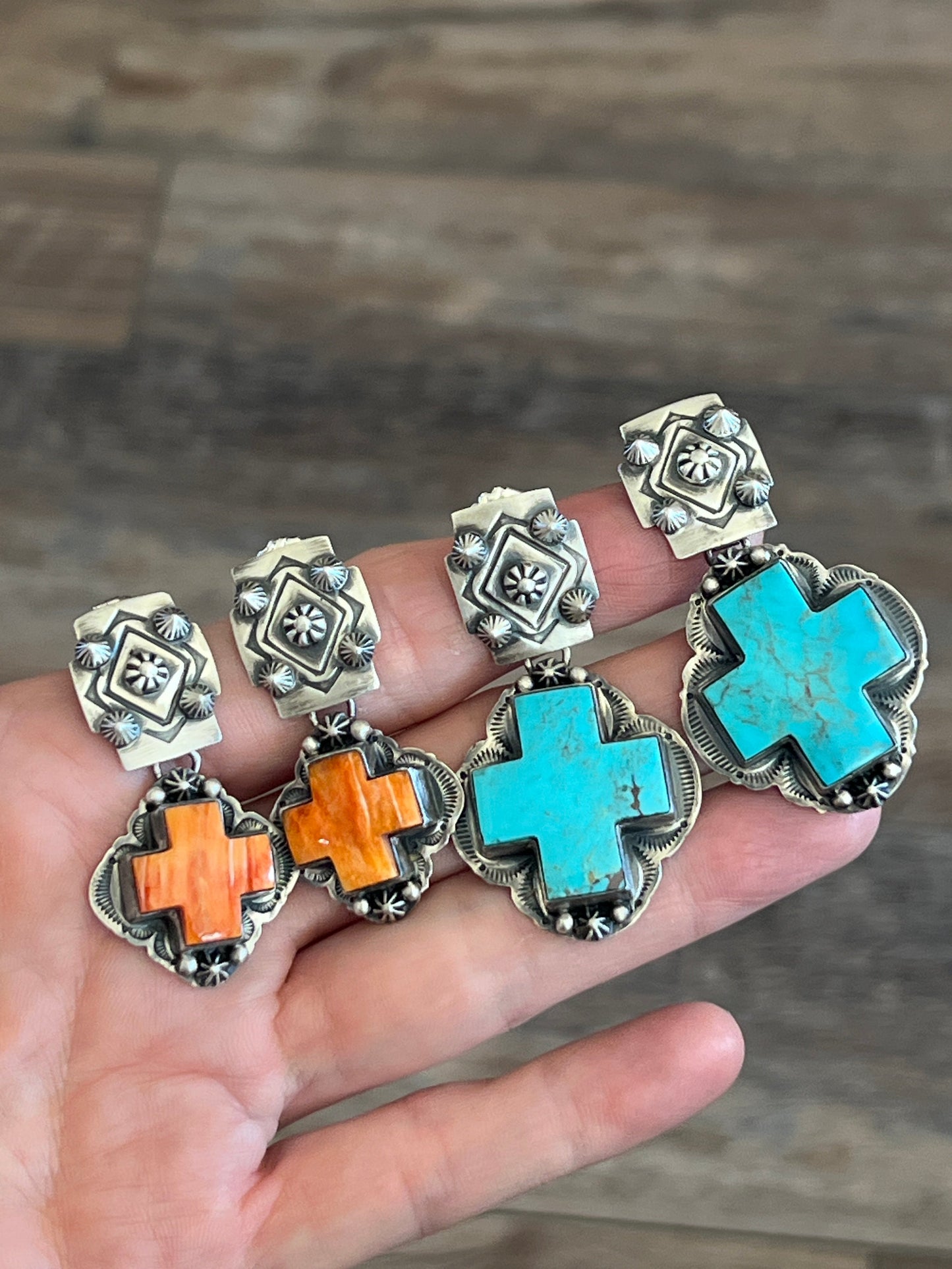 Handcrafted Sterling Silver and Orange Spiny Oyster Shell Santa Fe Cross Earrings by Murphy Platero