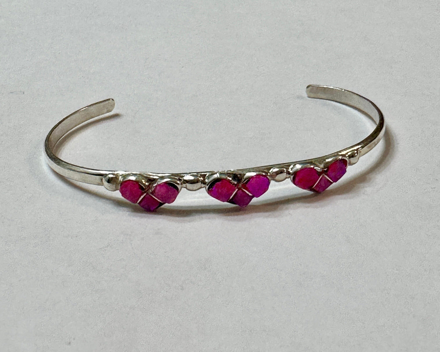Handcrafted Sterling Silver Opal Three Hot Pink Hearts Baby Cuff Bracelet