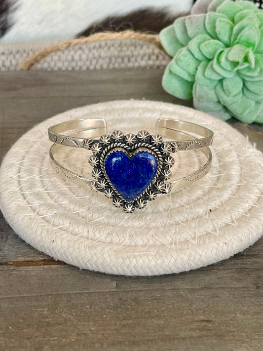 Handmade Lapis & Sterling Silver Heart Cuff Bracelet