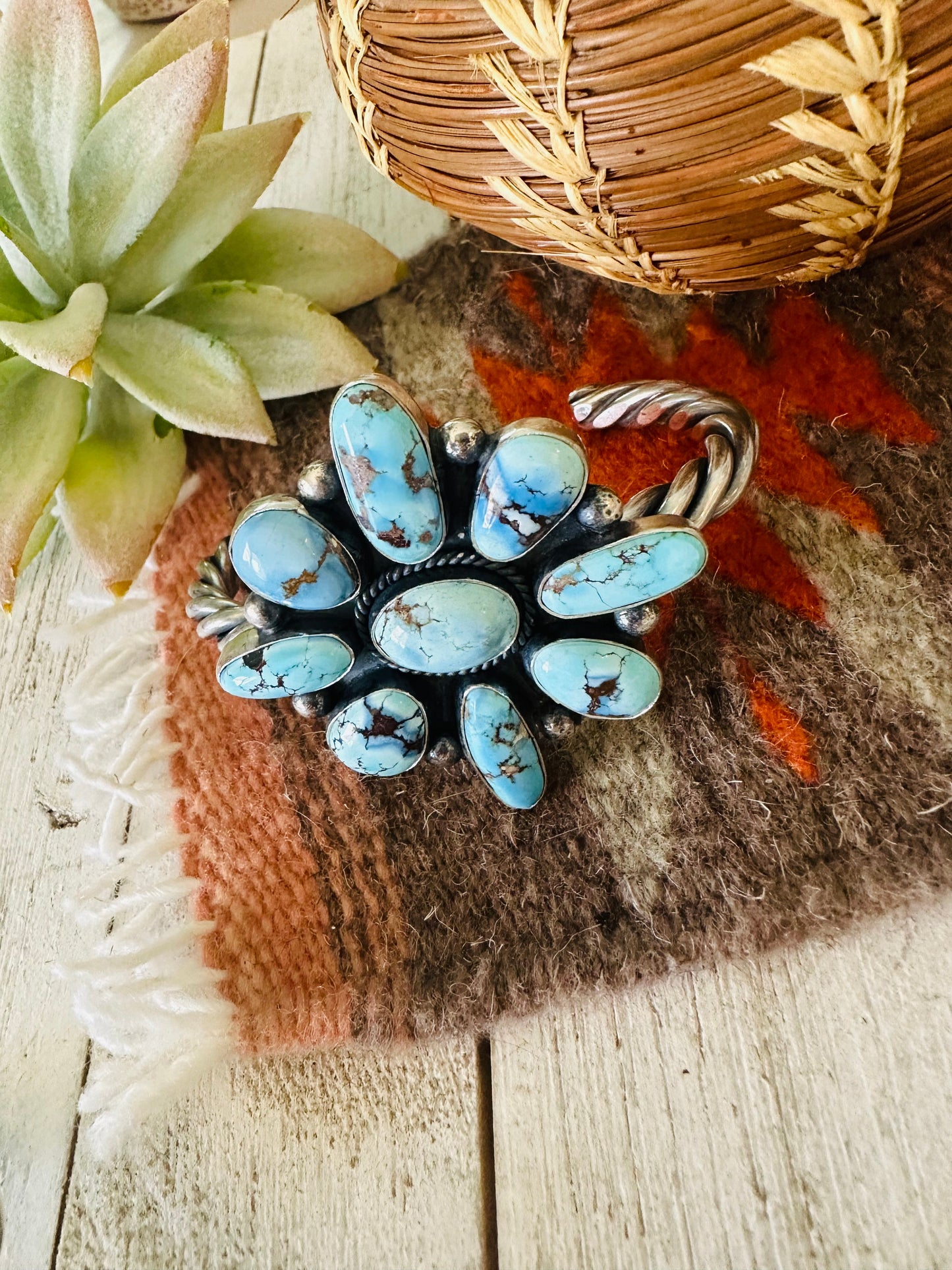 Navajo Golden Hills Turquoise & Sterling Silver Cluster Cuff Bracelet