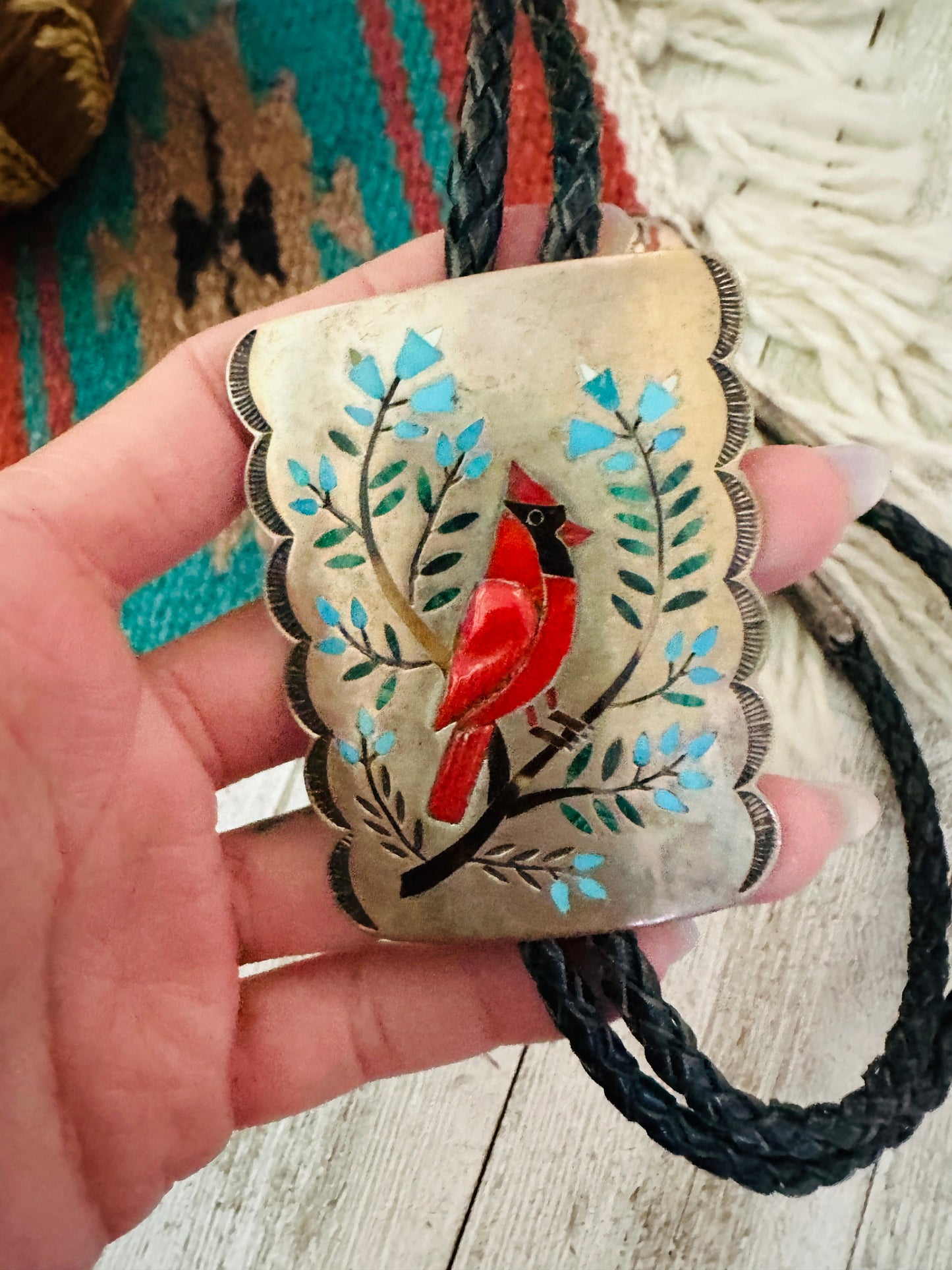 Handcrafted Vintage Old Pawn Sterling Silver & Multi Stone Inlay Cardinal Bolo Tie