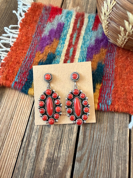Handcrafted Coral & Sterling Silver Cluster Dangle Earrings