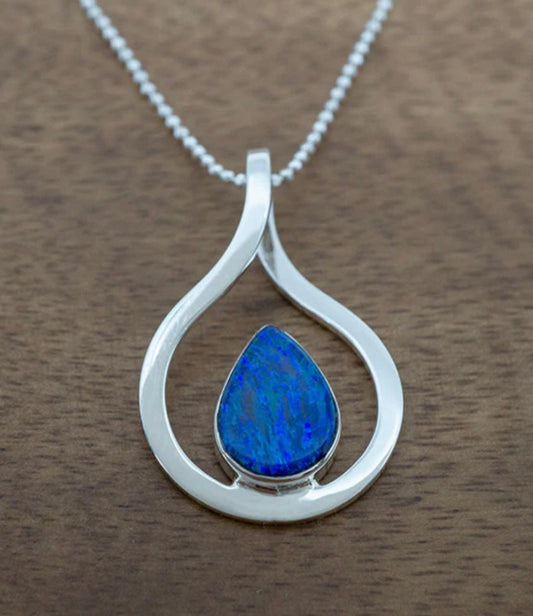Dark Blue Opal Teardrop in Sterling Silver Frame Necklace