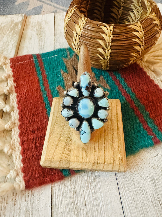 Handcrafted Golden Hills Turquoise & Sterling Silver Cluster Ring by Bobby Johnson, Size 7