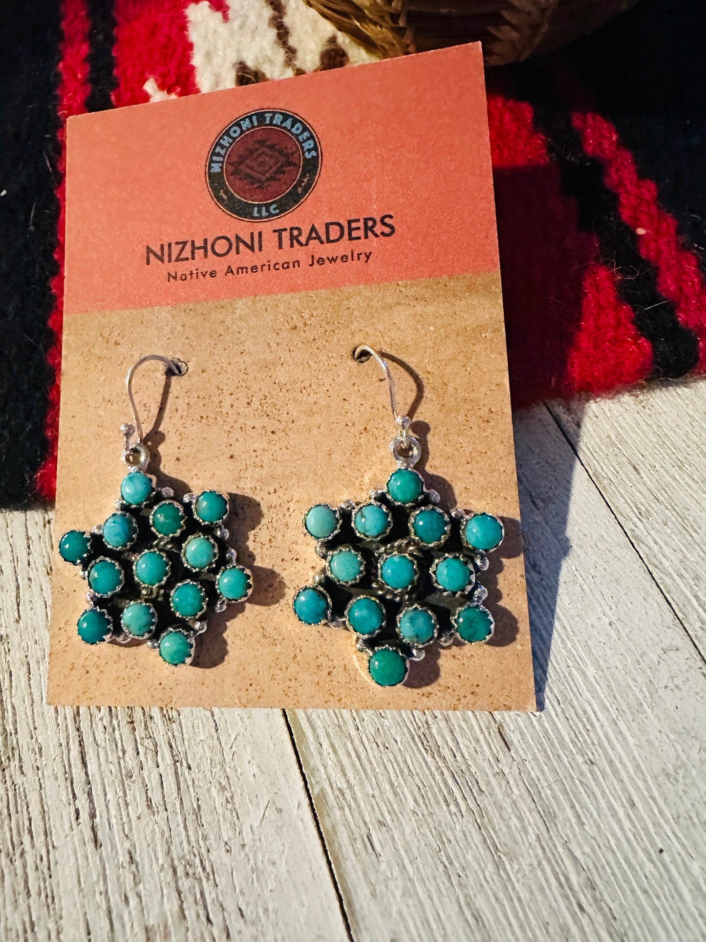 Handmade Turquoise & Sterling Silver Star Dangle Earrings Signed Nizhoni