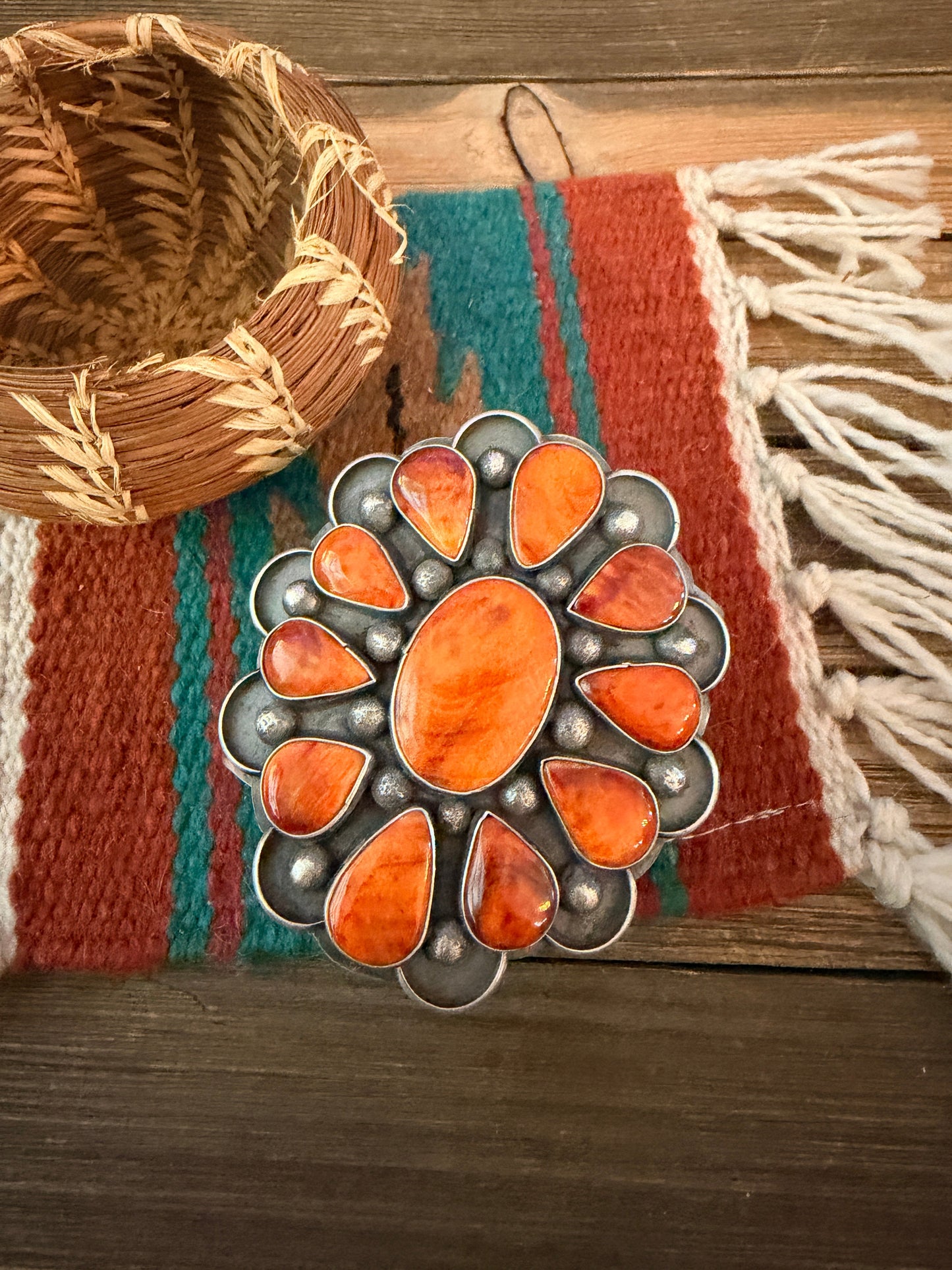 Handcrafted Orange Spiny & Sterling Silver Flower Cuff Bracelet by Chimney Butte