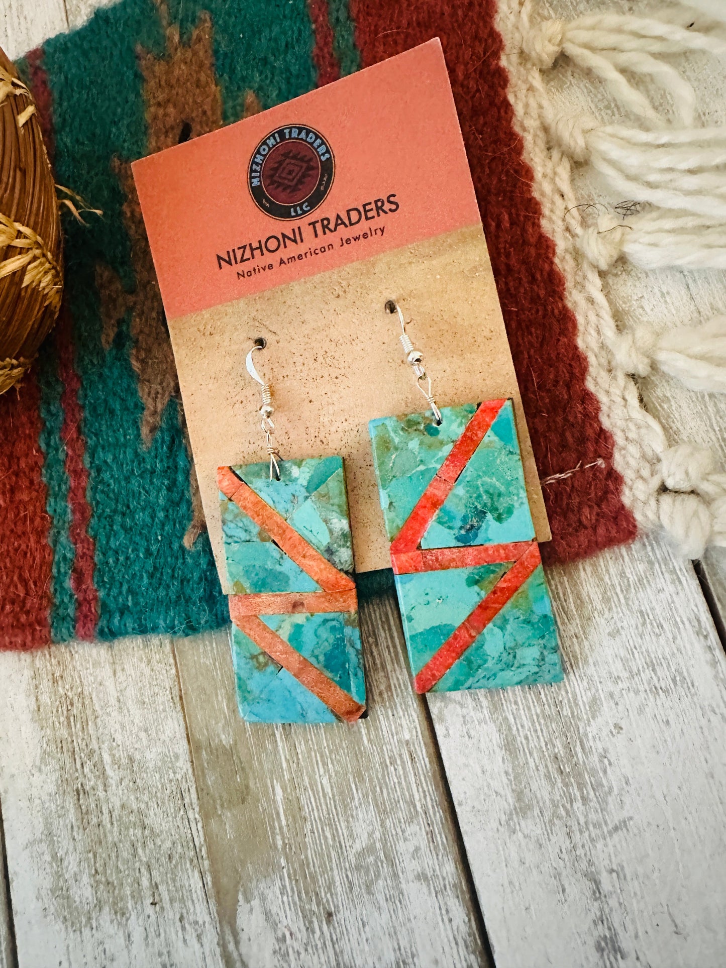 Handcrafted Turquoise & Spiny Inlay Dangle Earrings