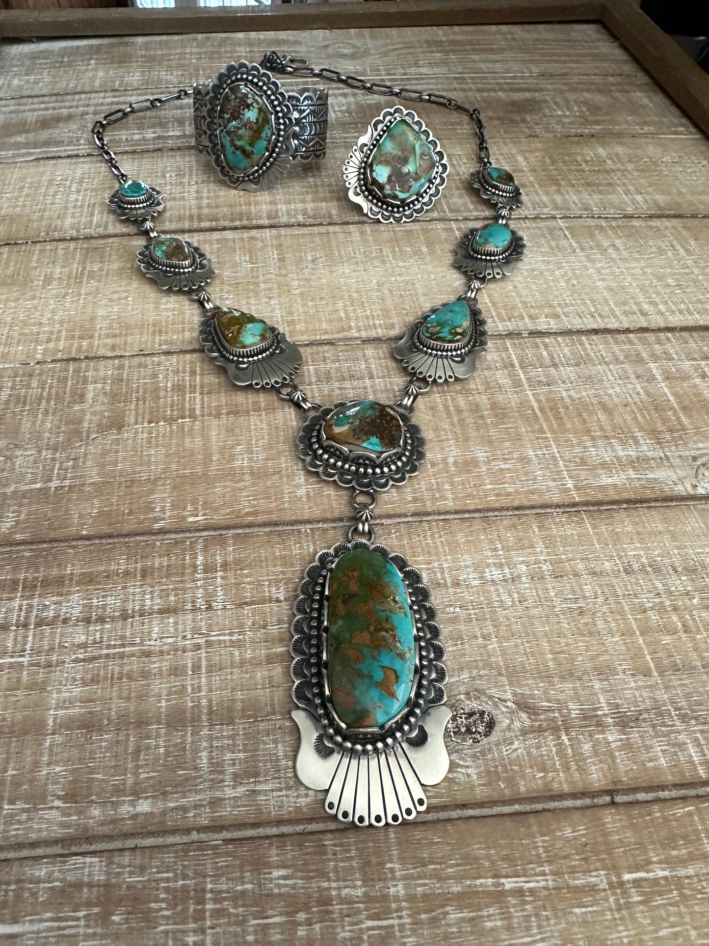 Charles Johnson Handcrafted Royston Turquoise & Sterling Silver Necklace, Bracelet and Ring Set Signed