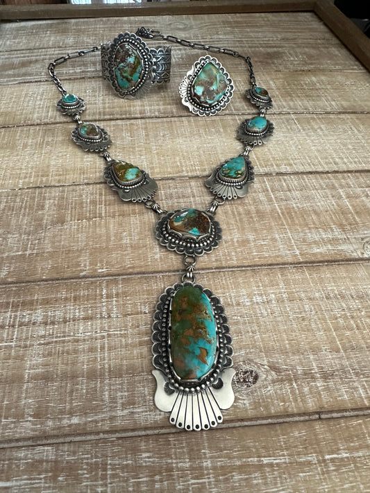 Charles Johnson Handcrafted Royston Turquoise & Sterling Silver Necklace, Bracelet and Ring Set Signed