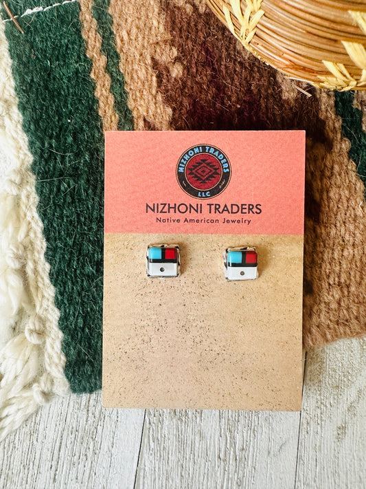 Handcrafted Sun Face Multi Stone & Sterling Silver Inlay Stud Earrings