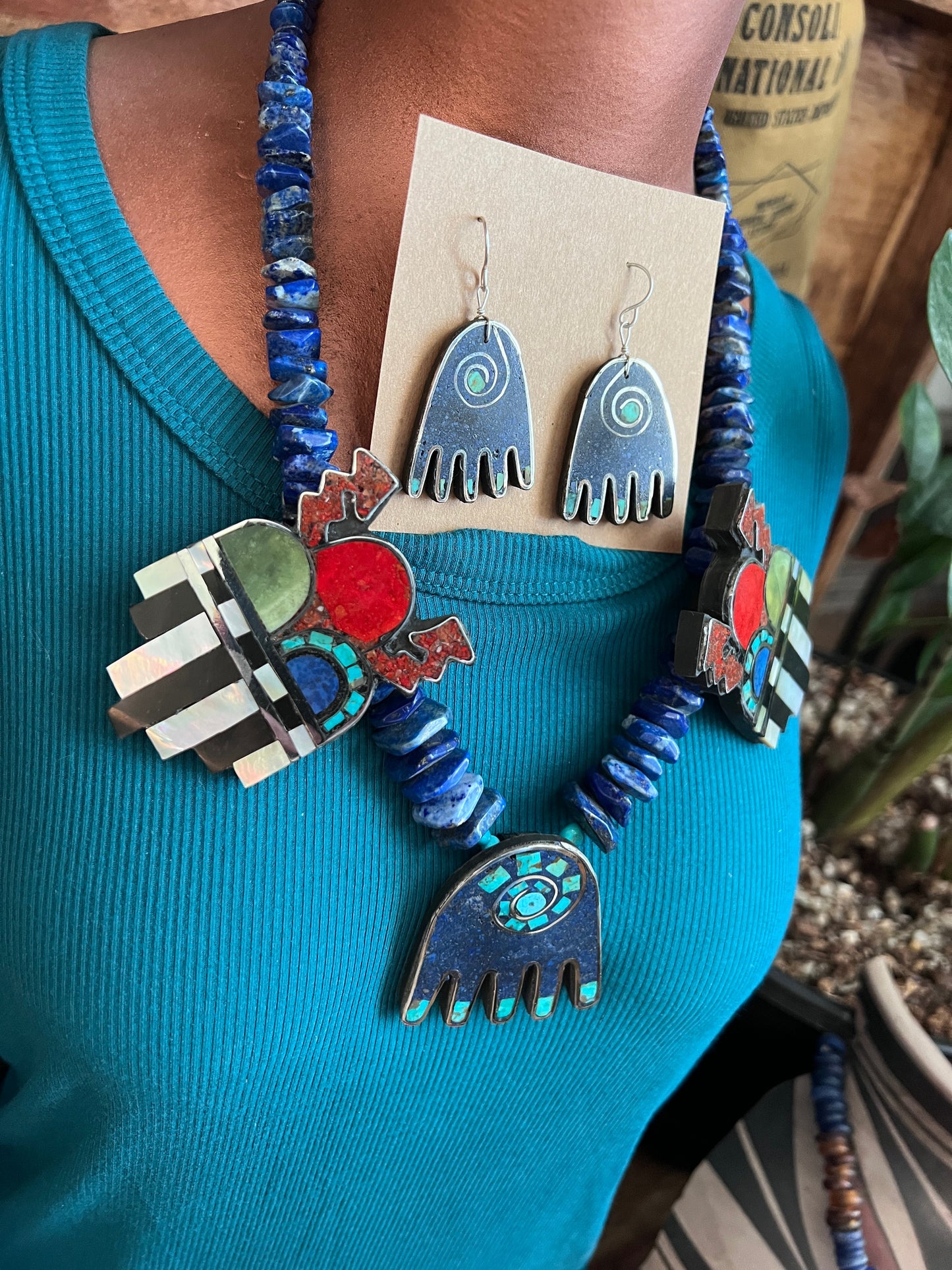 Handcrafted Multi Stone Inlay Healing Hand and Storm Cloud Necklace & Earrings by Warren Nieto