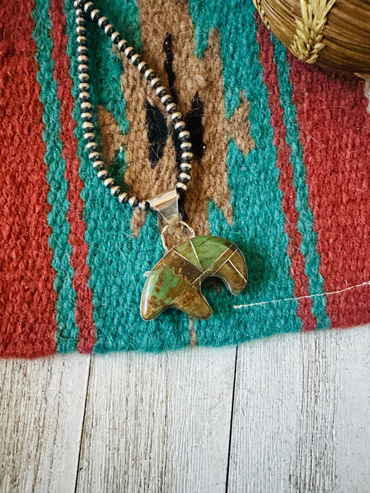 Handcrafted Turquoise & Sterling Silver Inlay Fetish Bear Pendant