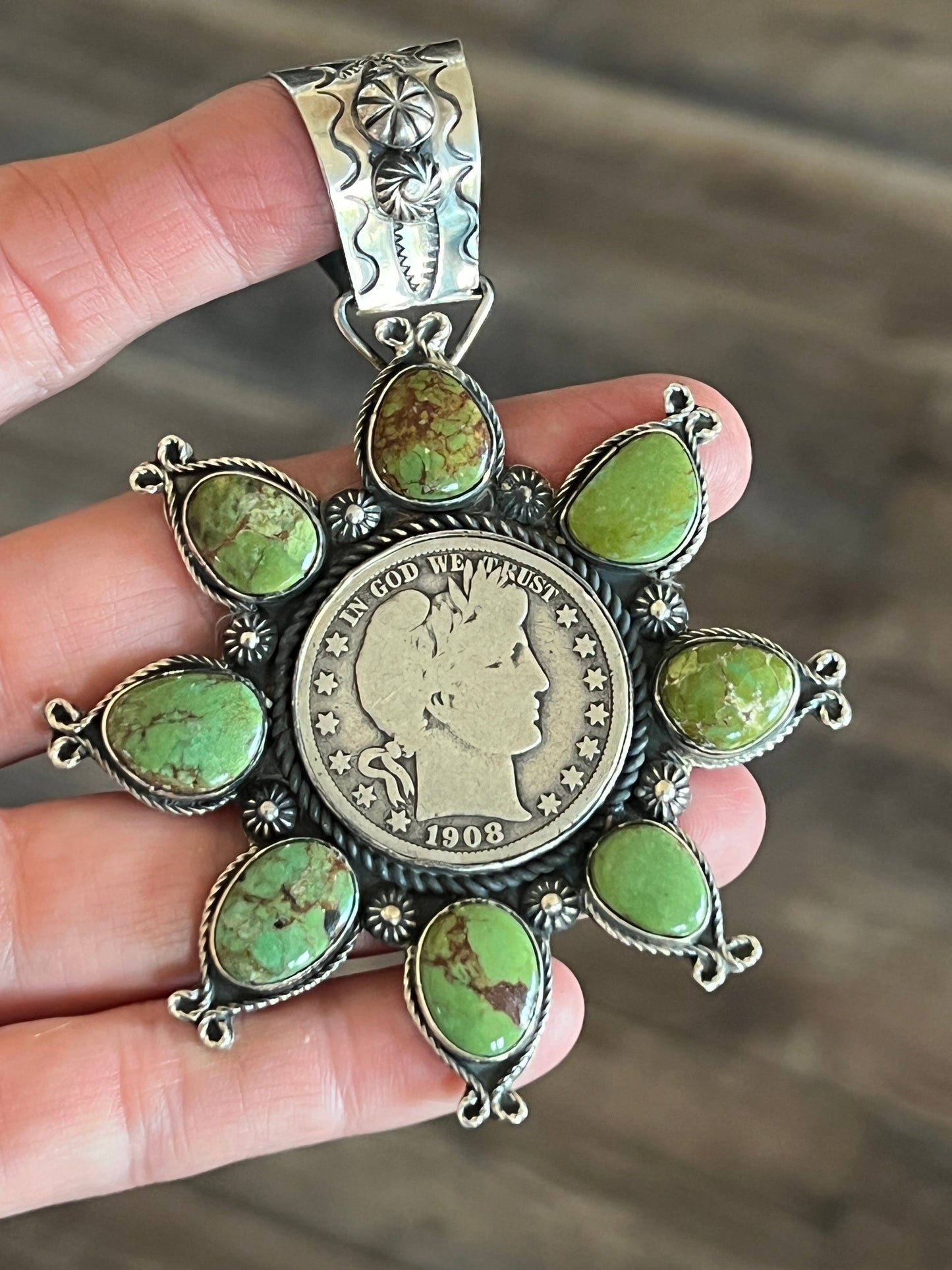Apache Made Sterling Silver and Egyptian Turquoise Coin Cluster Pendant by Rosella Paxson