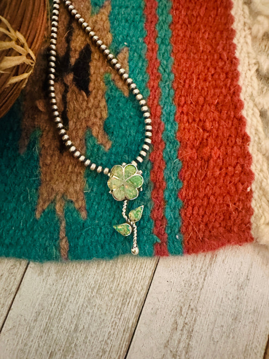 Handcrafted Green Opal & Sterling Silver Inlay Flower Pendant