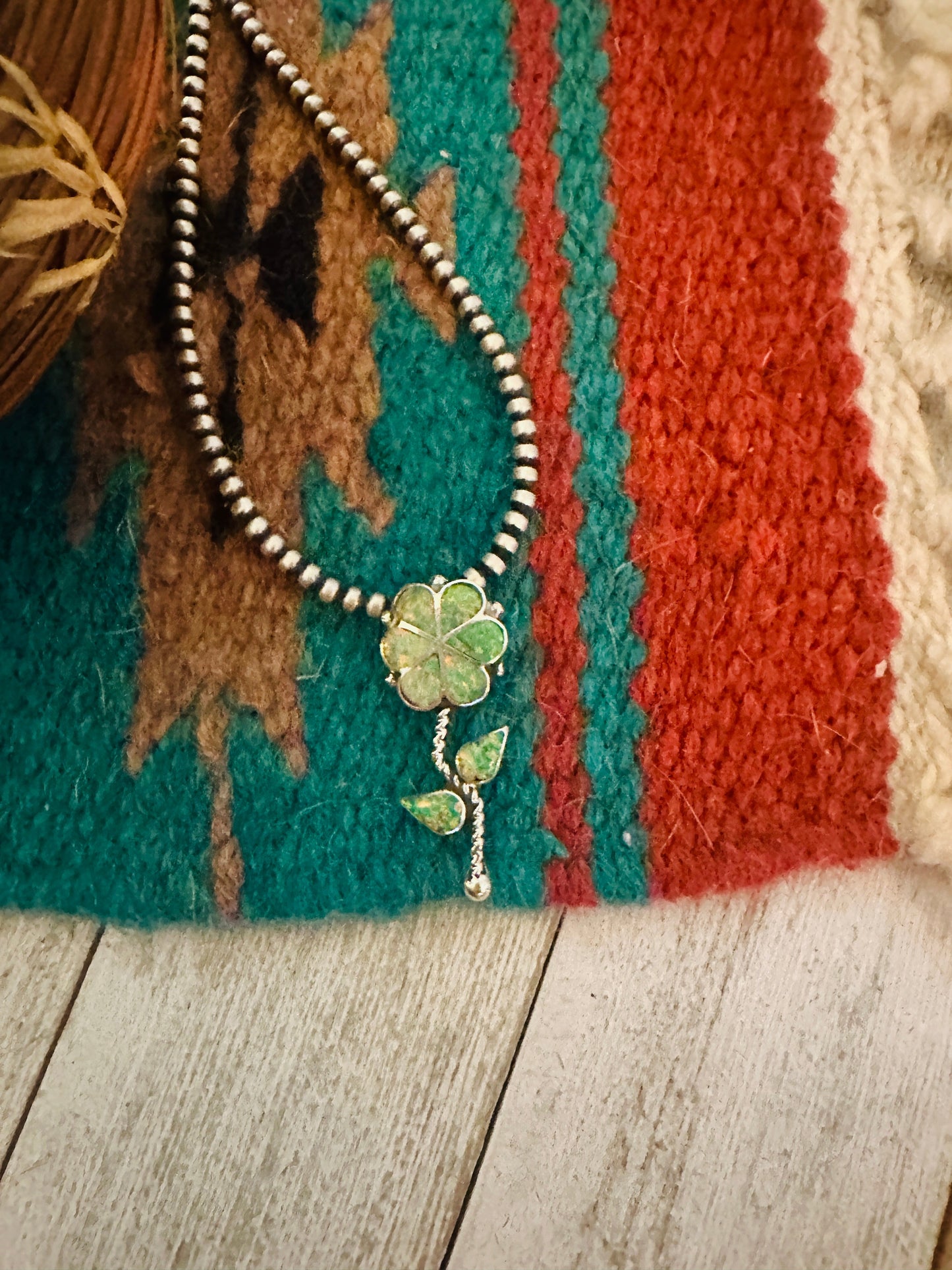 Handcrafted Green Opal & Sterling Silver Inlay Flower Pendant