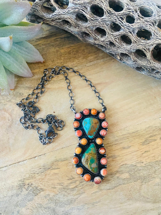Handcrafted Sterling Silver, Spiny & Royston Turquoise Cluster Necklace