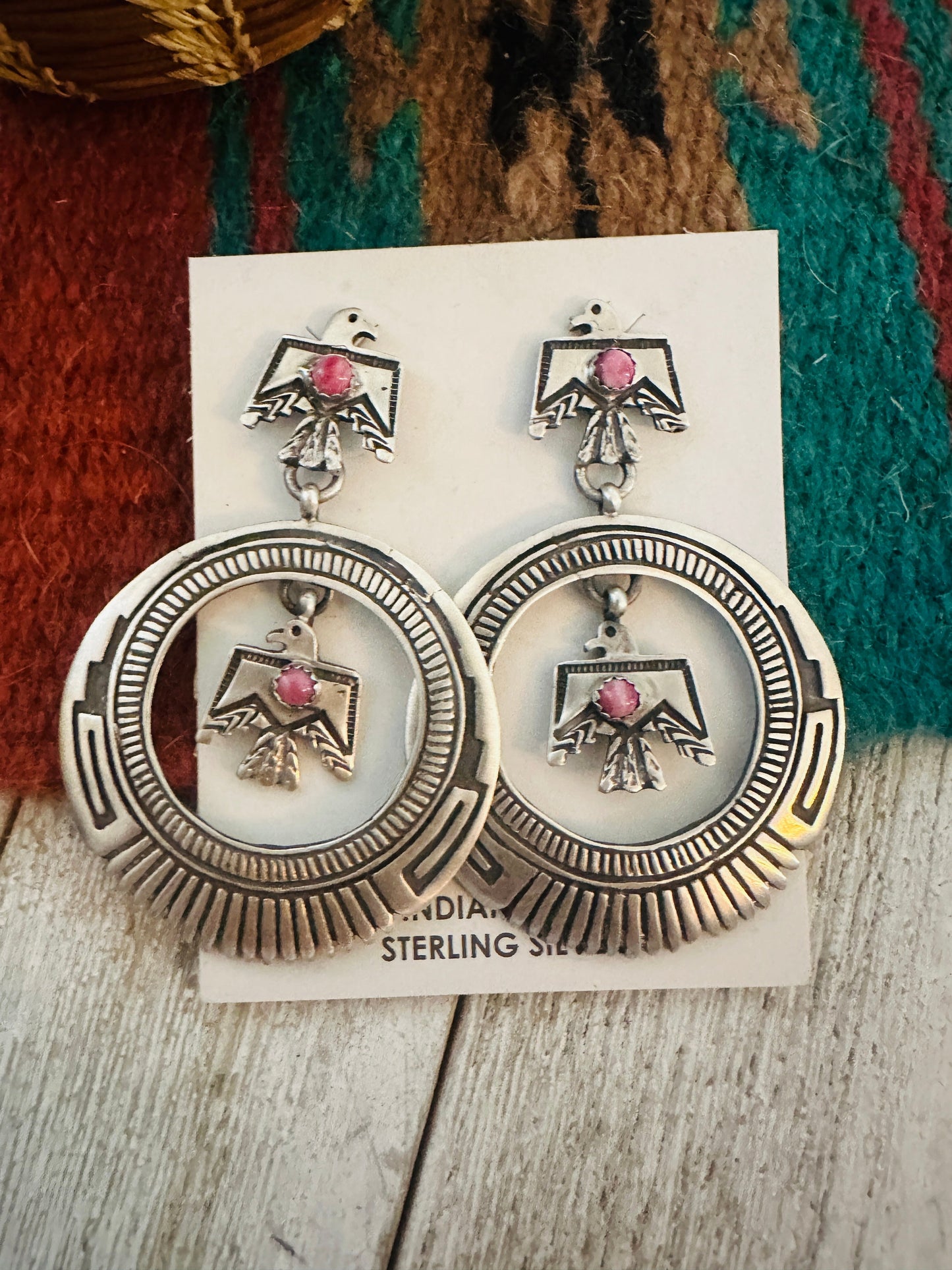 Handcrafted Sterling Silver & Rhodochrosite Thunderbird Dangle Earrings
