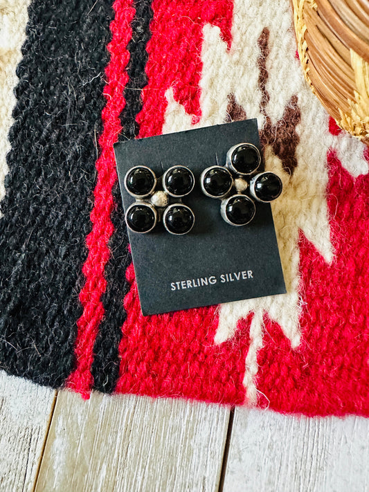 Handcrafted Sterling Silver & Black Onyx Cluster Post Earrings Signed