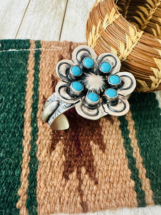 Sterling Silver & Turquoise Flower Cluster Cuff Bracelet /