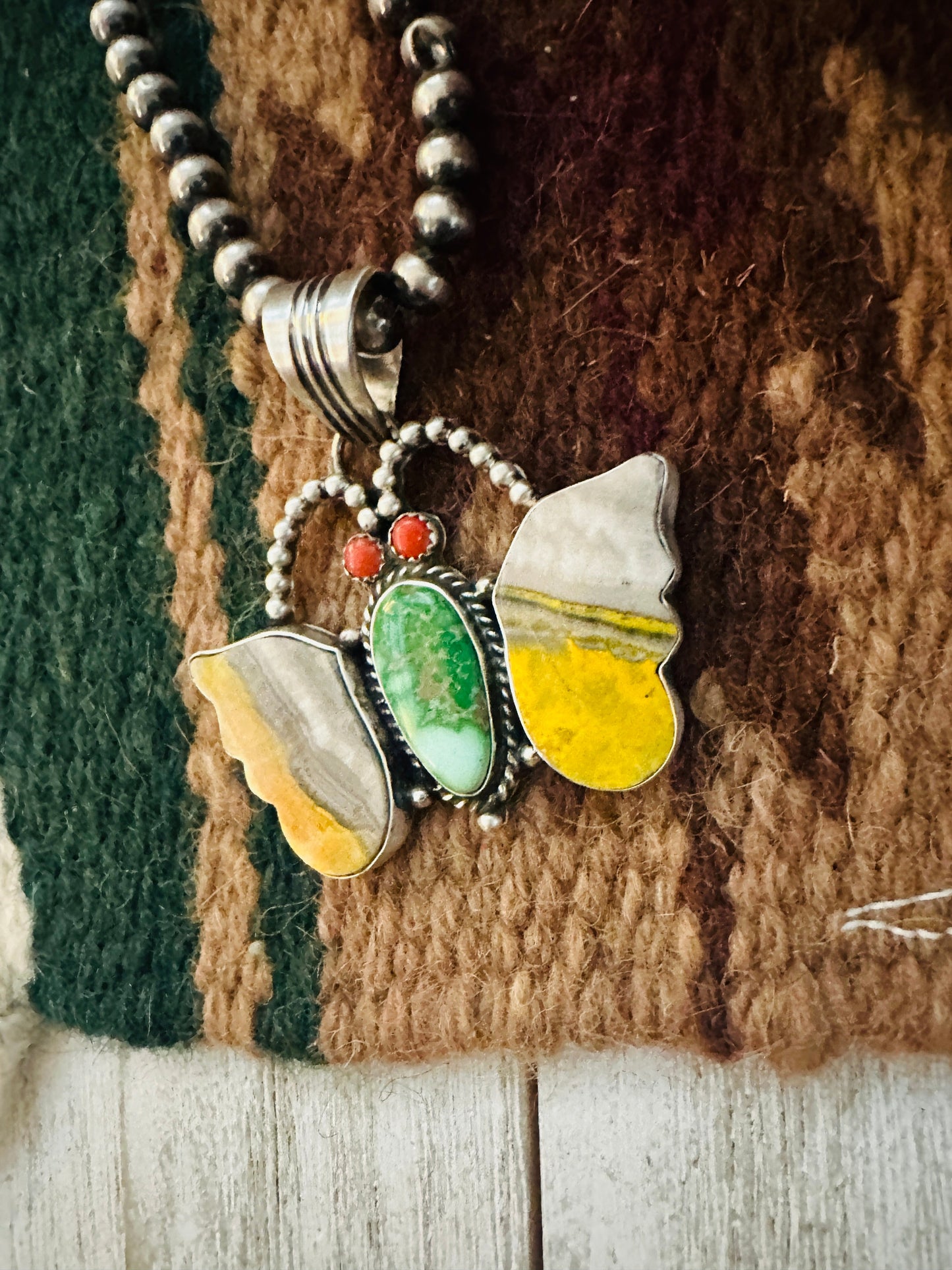Navajo Bumblebee Jasper, Turquoise, Coral & Sterling Silver Butterfly Pendant