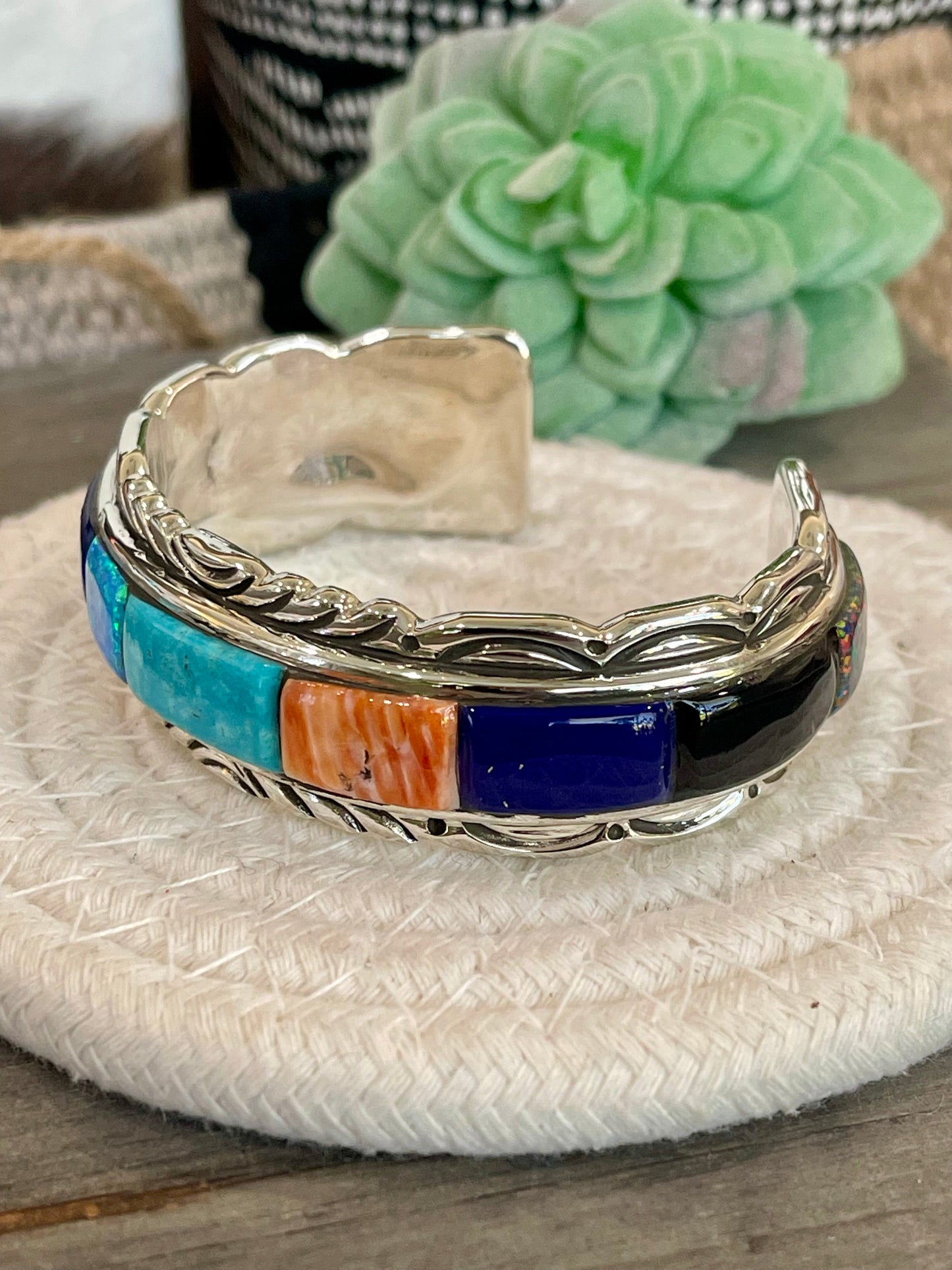 Handmade Sterling Silver Multi Stone Inlay Cuff