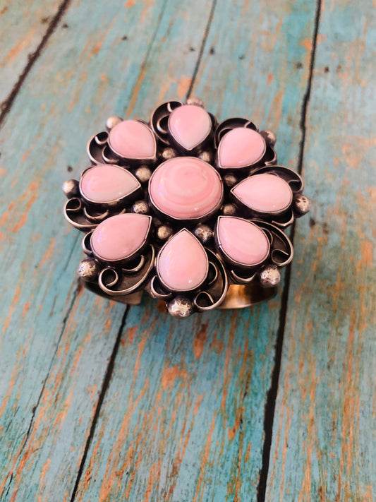 Handcrafted Queen Pink Conch Shell & Sterling Silver Cluster Cuff Bracelet Signed /