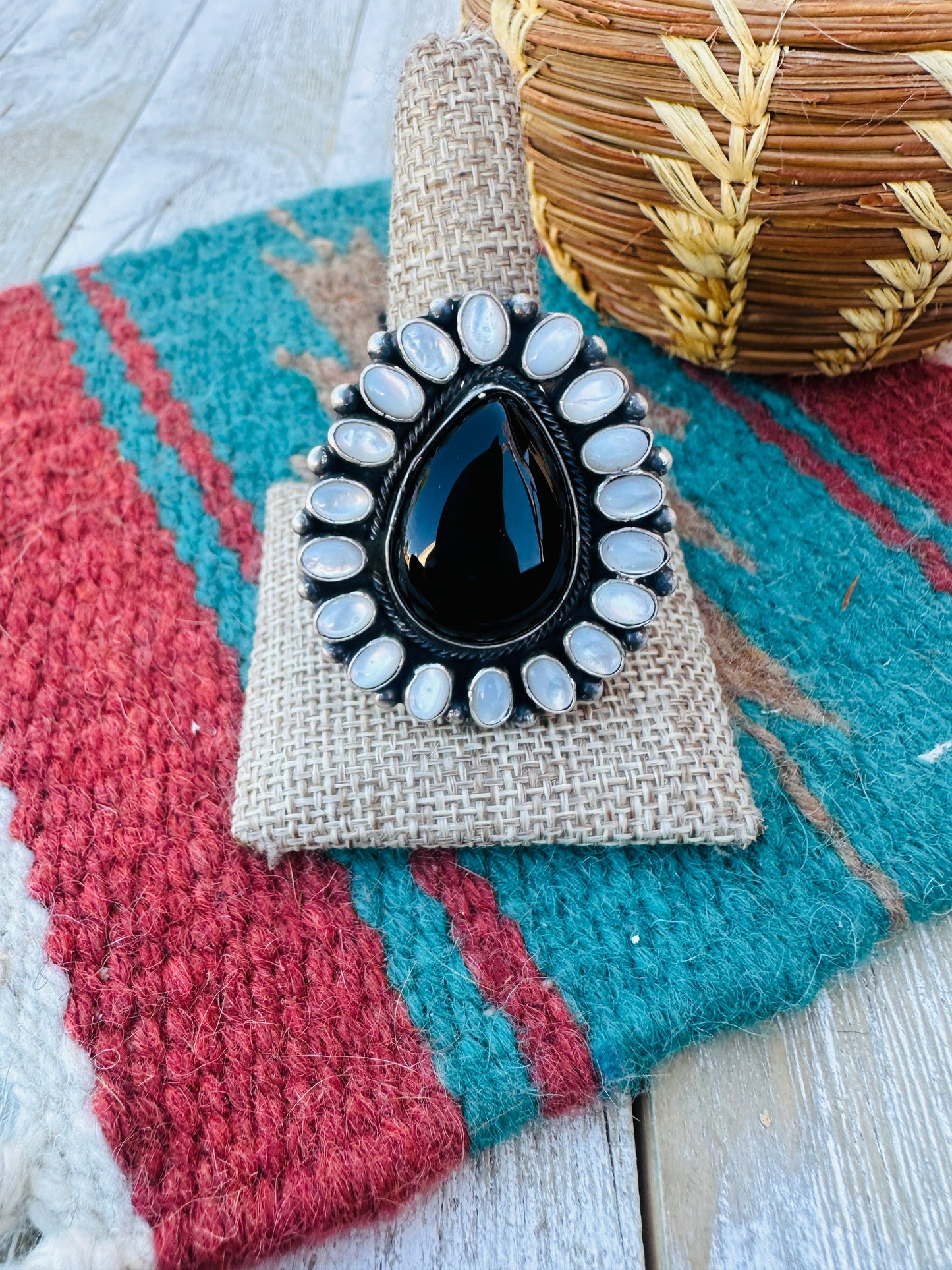 Hand Crafted Mother of Pearl, Onyx & Sterling Silver Cluster Adjustable Ring
