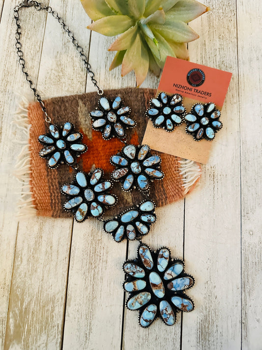 Handcrafted Golden Hills Turquoise & Sterling Silver Cluster Necklace Set