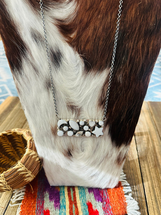 Handcrafted Mother of Pearl, CZ & Sterling Silver Bar Necklace by Jacqueline Silver