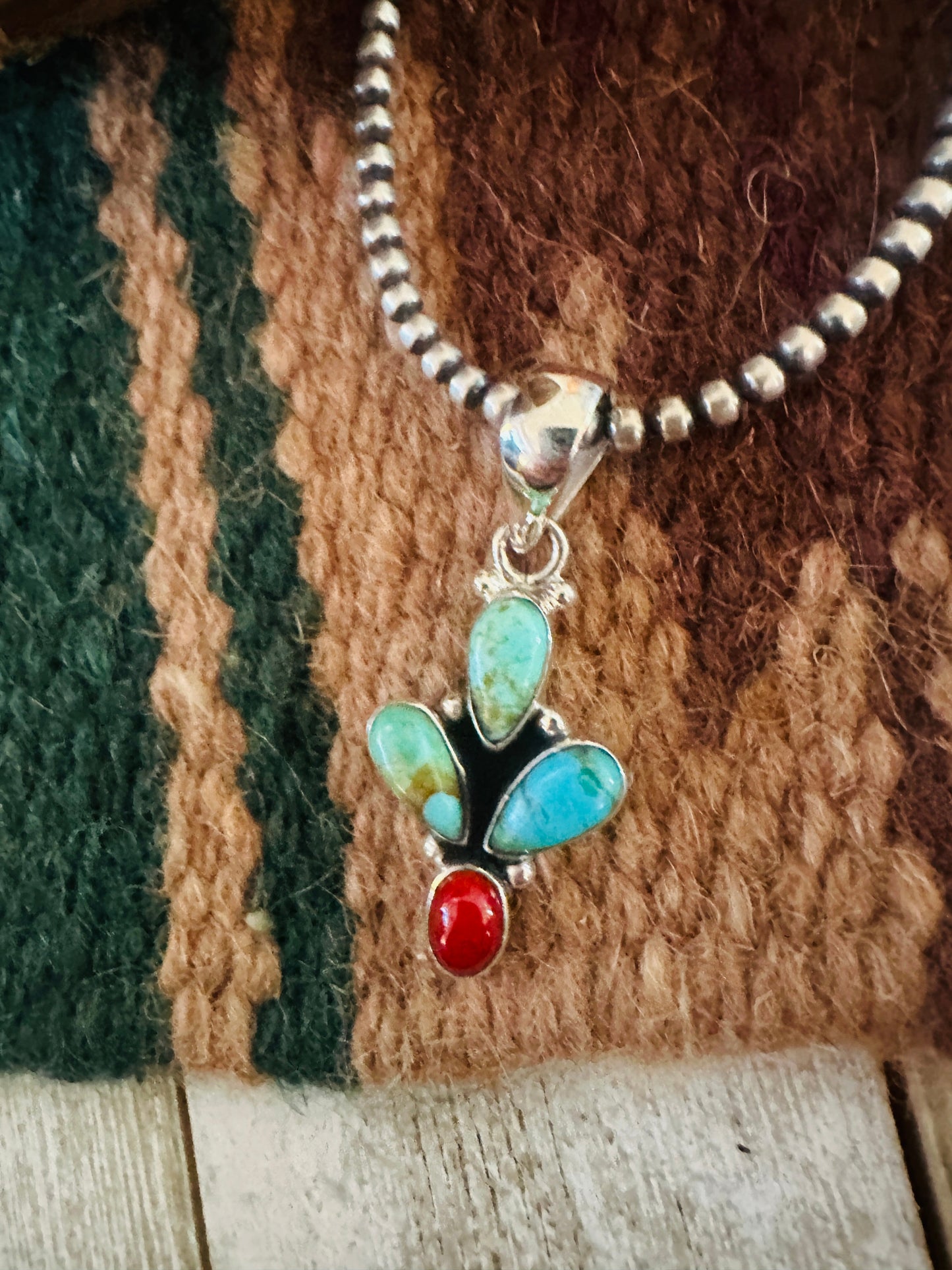 ** Christmas Collection ** Handmade Sterling Silver, Coral & Turquoise Pendant Signed Nizhoni