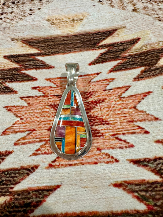 Handcrafted Multi Stone Inlay & Sterling Silver Pendant Signed