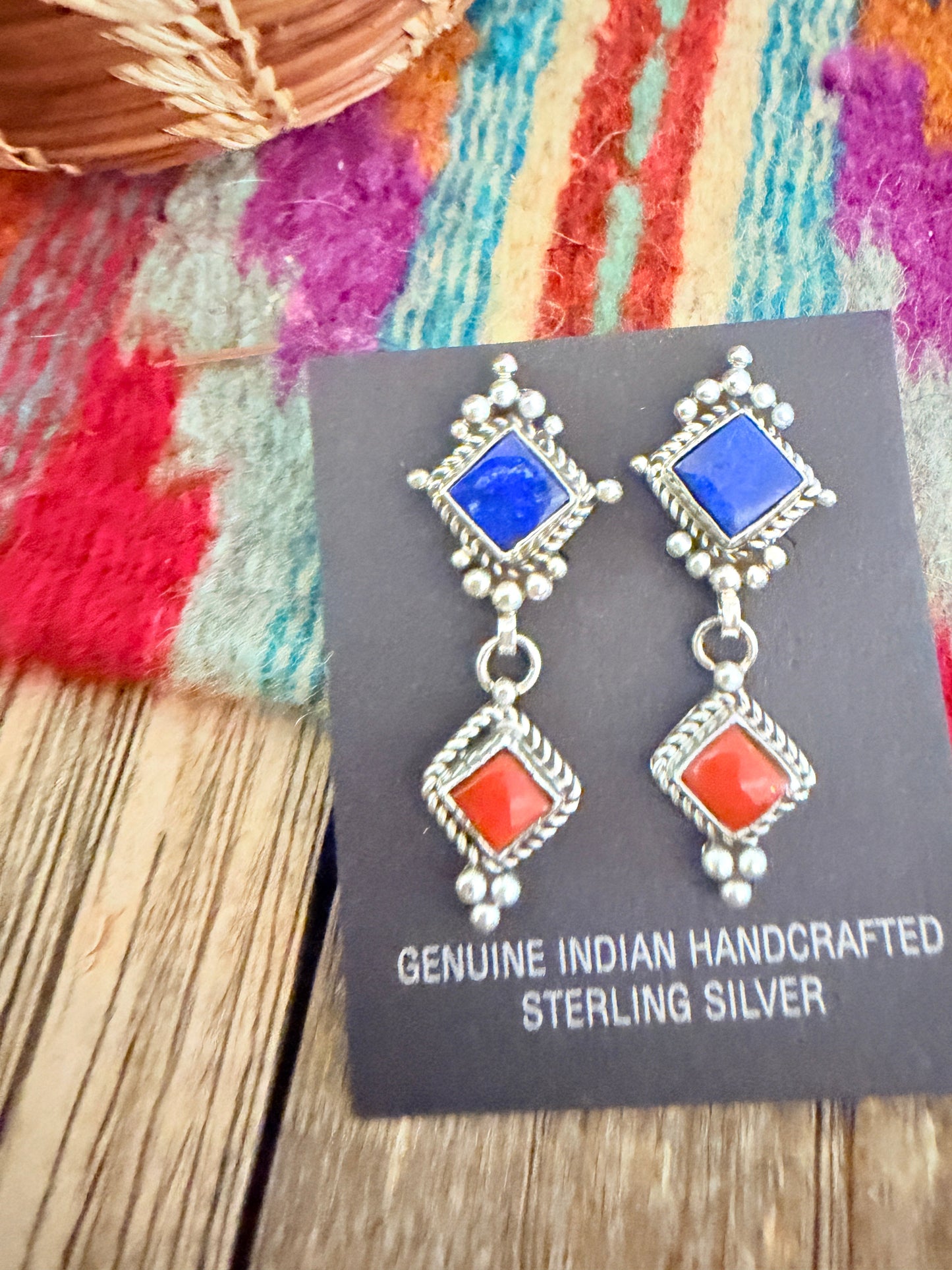 Handcrafted Lapis, Coral & Sterling Silver Dangle Earrings